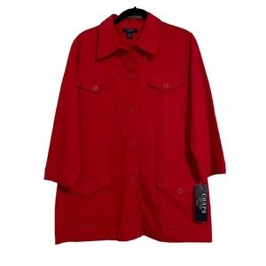 Chaps 1X Womens Top 3/4Sleeve Pockets Button Down Red 100% Cotton Stretch NWT